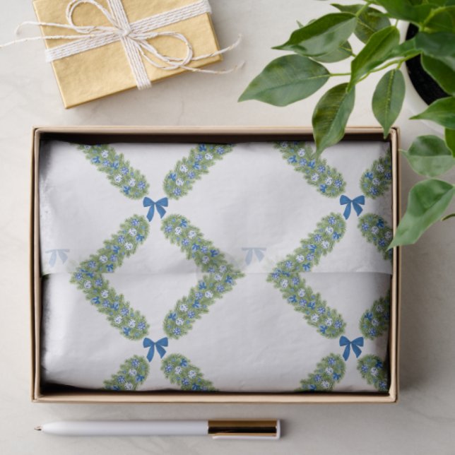 Christmas Trellis Blue Bow  Tissue Paper (Gift)