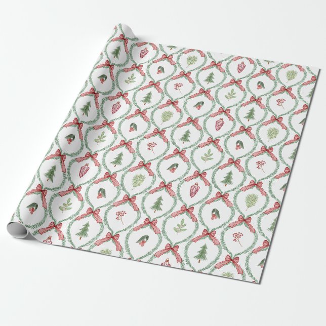 Christmas trellis red bows ornaments & foliage  wrapping paper (Unrolled)