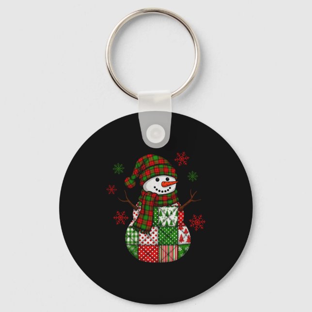 Christmas Trendy Patchwork Snowman Merry Christmas Keychain (Front)