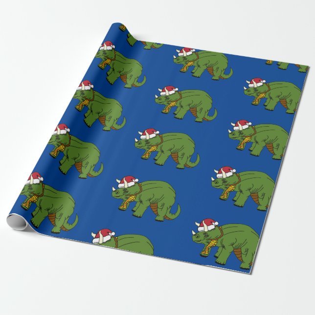 Christmas Triceratops Dinosaur Wrapping Paper (Unrolled)