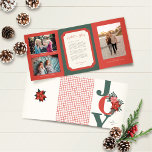 Christmas Trifold Photo Red Green Joy Floral<br><div class="desc">Nothing says Christmas holidays like poinsettias! And these 5" x 7" tri-fold Christmas greeting cards will certainly put your friends and family into the spirit of the holidays. The Cover- has the word, "Joy" in large red serif letters with a hand drawn floral bouquet of poinsettia's, pine branches, leaves and...</div>