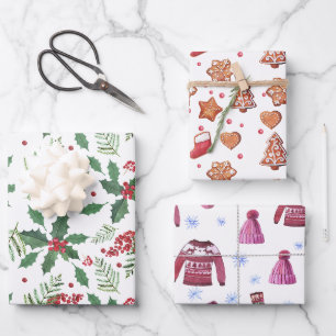 Christmas Trio- Cookies, Holly Berries, & Sweaters Wrapping Paper Sheet