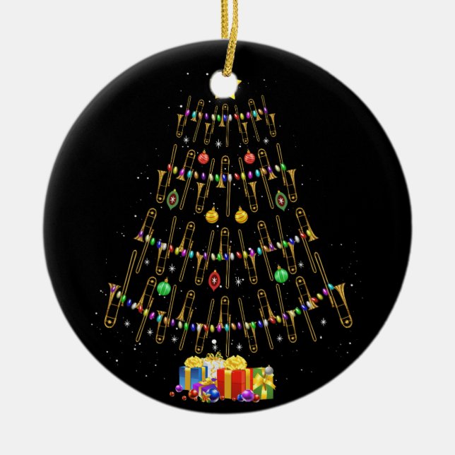 Christmas Trombone Player Gifts Xmas Tree Ceramic Ornament (Front)