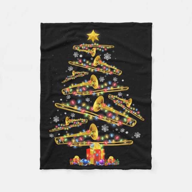 Christmas Trombone Player Xmas Tree Jazz Music Lov Fleece Blanket (Front)