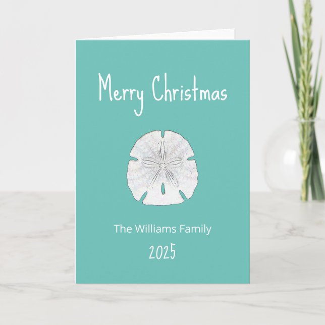Christmas Tropical Beach Sand Dollar Teal   Holiday Card (Front)