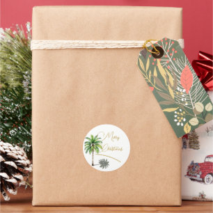 Christmas Tropical Palm Tree Gold Merry Classic Round Sticker