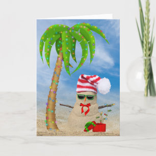 Christmas tropical sand man with palm tree holiday card