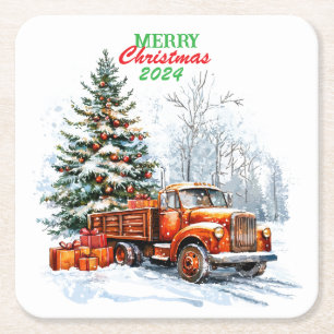 Christmas truck  square paper coaster