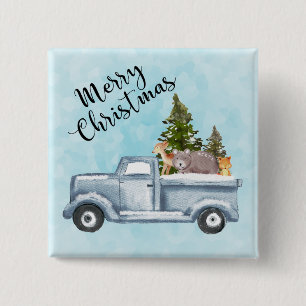 Christmas Truck with Pine Trees & Forest Animals 2 Inch Square Button