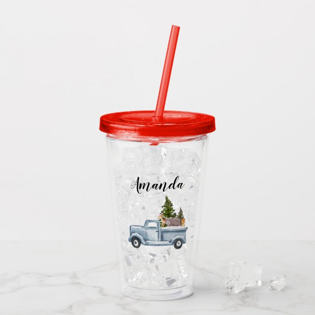 Christmas Truck with Pine Trees & Forest Animals Acrylic Tumbler (Back Ice)
