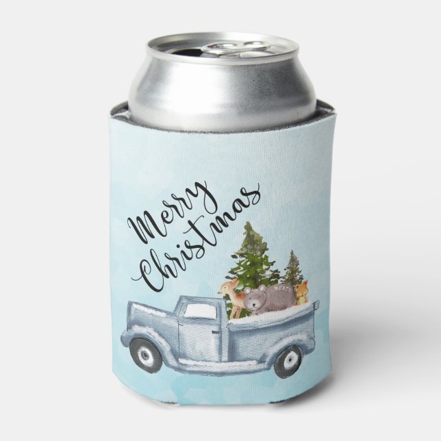 Christmas Truck with Pine Trees & Forest Animals Can Cooler (Can Front)