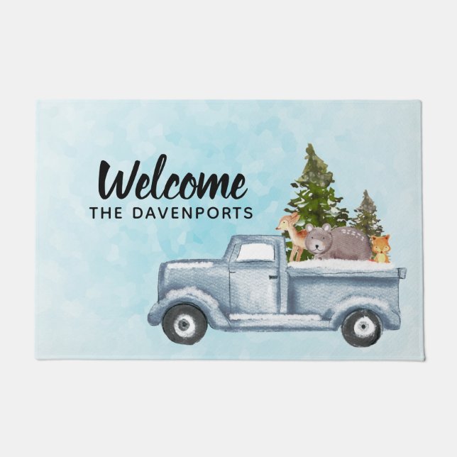 Christmas Truck with Pine Trees & Forest Animals Doormat (Front)