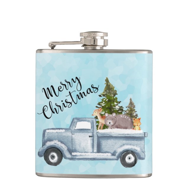 Christmas Truck with Pine Trees & Forest Animals Hip Flask (Front)