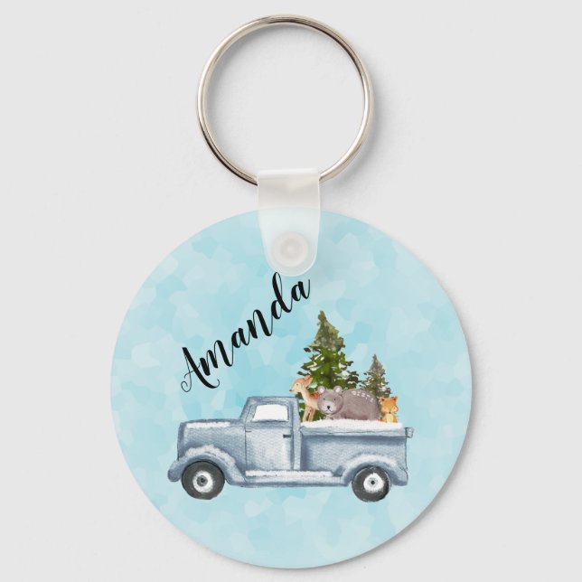 Christmas Truck with Pine Trees & Forest Animals Keychain (Front)