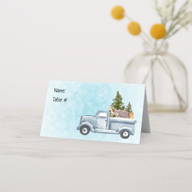 Christmas Truck with Pine Trees & Forest Animals Place Card (Front)