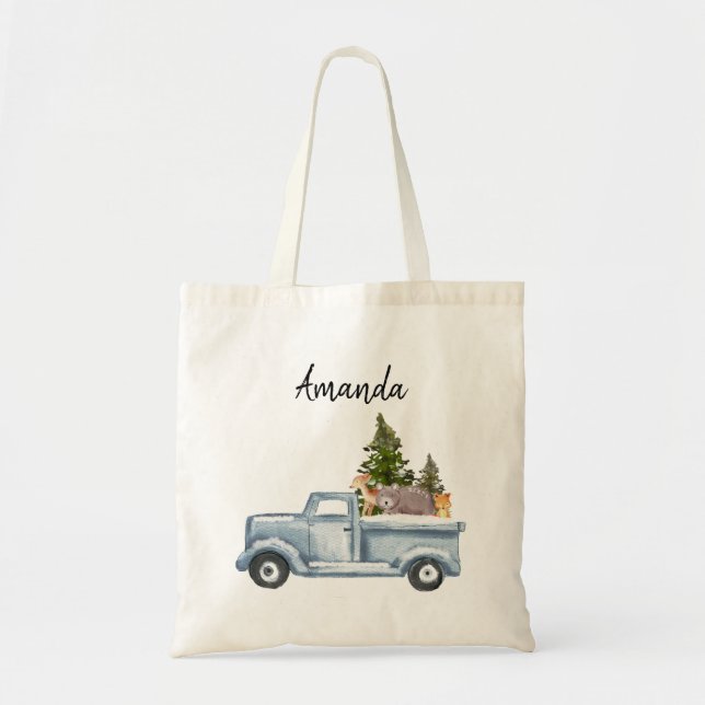  Christmas Truck with Pine Trees & Forest Animals Tote Bag (Front)