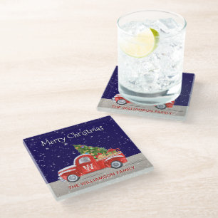 Christmas Truck With Snow at Night Monogrammed Glass Coaster