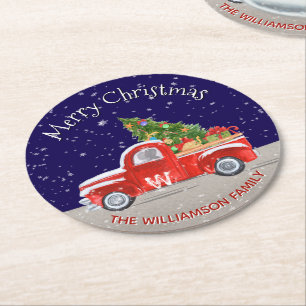 Christmas Truck With Snow at Night Monogrammed Round Paper Coaster