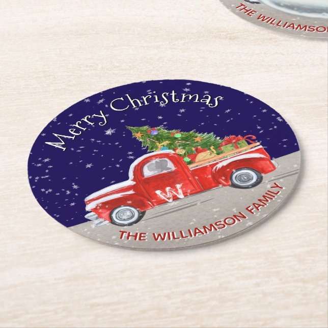 Christmas Truck With Snow at Night Monogrammed Round Paper Coaster (Angled)