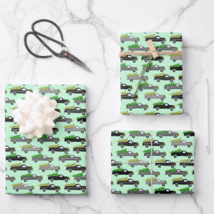 Christmas Trucks Xmas Trees Wreath Grayscale Green Wrapping Paper Sheet