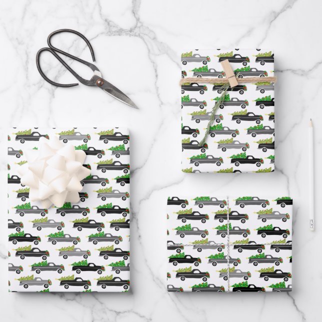 Christmas Trucks Xmas Trees Wreaths Grayscale Wrapping Paper Sheet (Front)
