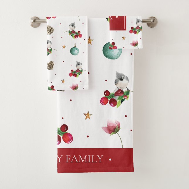 Christmas Tufted Titmouse Watercolor Winter Bird Bath Towel Set (Insitu)