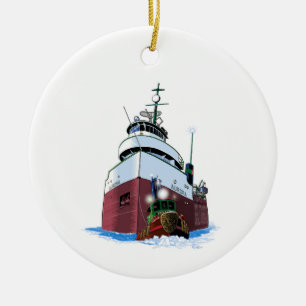 Christmas tug and freighter ceramic ornament