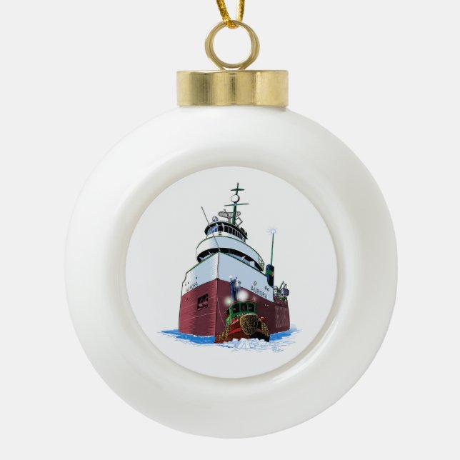 Christmas tug and freighter ceramic ornament (Front)