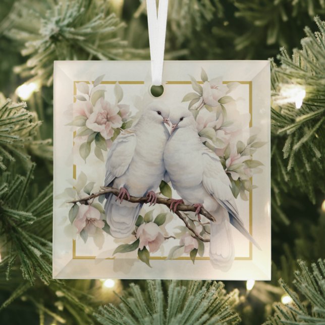 Christmas Turtle Doves In Pear Tree Glass Ornament (Insitu)