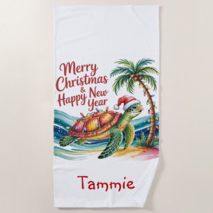Christmas Turtle in Paradise  Beach Towel