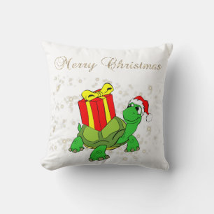 Christmas,Turtle,Santa Hat,Present,Sparkles,White Throw Pillow