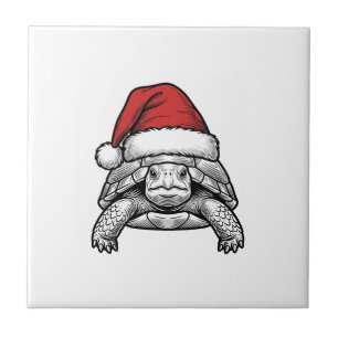 Christmas Turtle Santa Hat Vintage Engraving Desig Tile