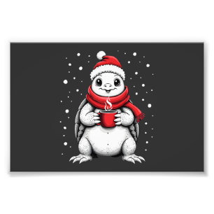 Christmas Turtle with Santa Hat Coffee Lover Funny Photo Print