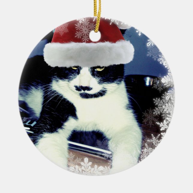 Christmas Tuxedo Cat Round Ornament (Front)