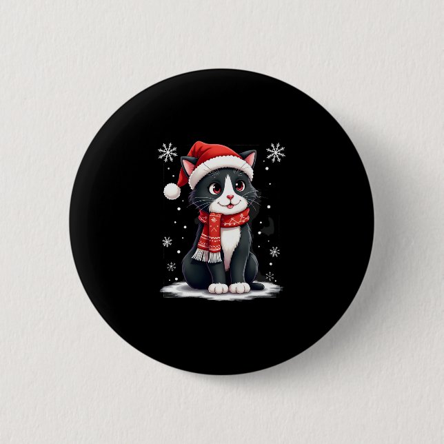 Christmas Tuxedo Cat Santa Scarf Ugly Xmas Women G 2 Inch Round Button (Front)