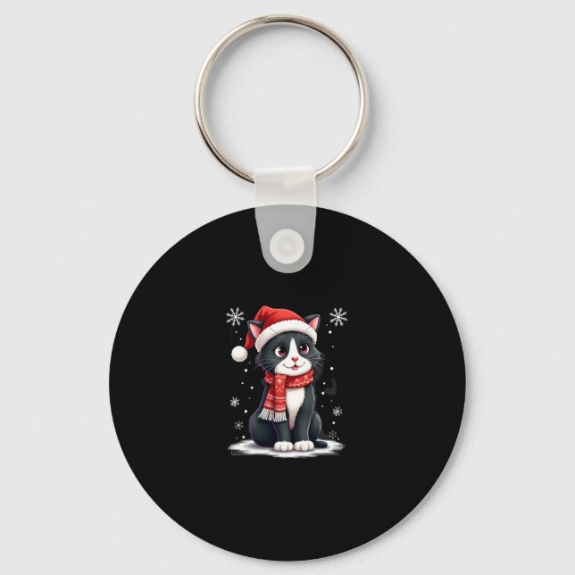 Christmas Tuxedo Cat Santa Scarf Ugly Xmas Women G Keychain (Front)
