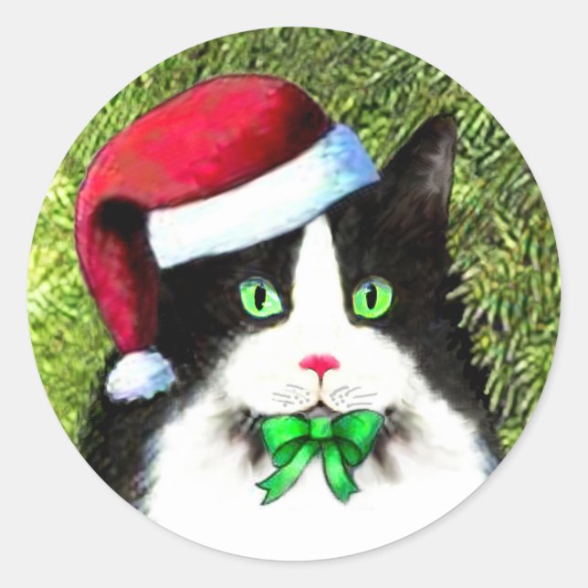 Christmas Tuxedo Cat with Bow Classic Round Sticker (Front)