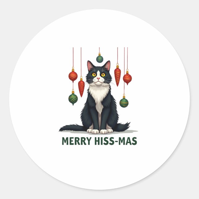 Christmas Tuxedo Cat with Holiday Decorations Merr Classic Round Sticker (Front)