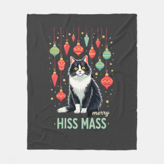 Christmas Tuxedo Cat with Holiday Decorations Merr Fleece Blanket