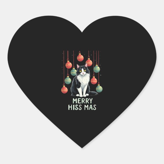 Christmas Tuxedo Cat with Holiday Decorations Merr Heart Sticker (Front)