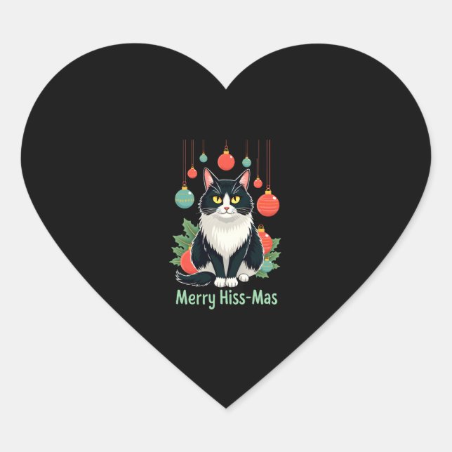 Christmas Tuxedo Cat with Holiday Decorations Merr Heart Sticker (Front)