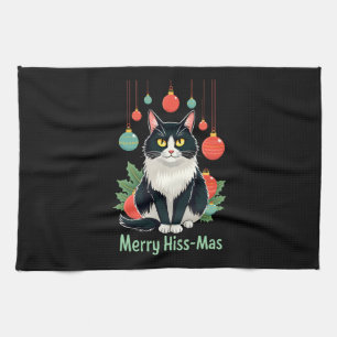 Christmas Tuxedo Cat with Holiday Decorations Merr Kitchen Towel