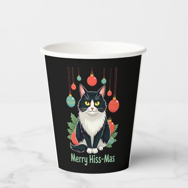 Christmas Tuxedo Cat with Holiday Decorations Merr Paper Cups (Front)