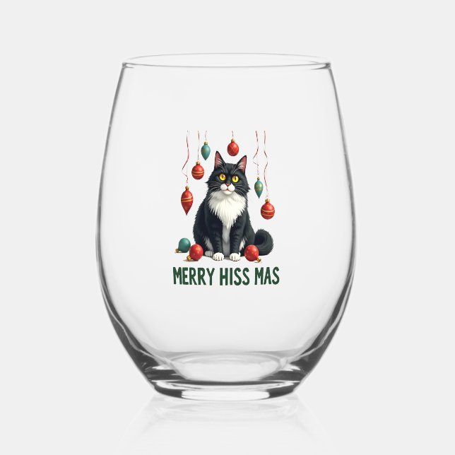 Christmas Tuxedo Cat with Holiday Decorations Merr Stemless Wine Glass (Front)