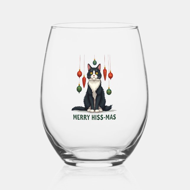 Christmas Tuxedo Cat with Holiday Decorations Merr Stemless Wine Glass (Front)
