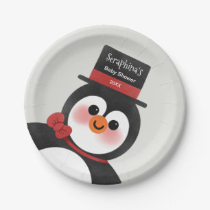 Christmas Tuxedo Penguin Personalized Baby Shower Paper Plate