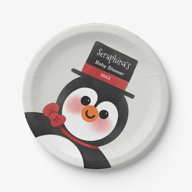 Christmas Tuxedo Penguin Personalized Baby Shower Paper Plate (Front)