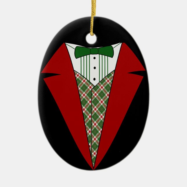 Christmas Tuxedo, Red and Green Elf Ceramic Ornament (Front)