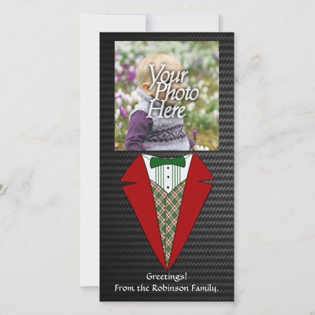 Christmas Tuxedo, Red and Green Elf Holiday Card (Front)