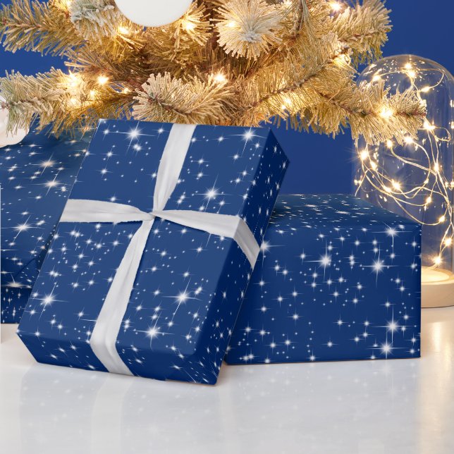 Christmas Twinkling Stars On Blue Wrapping Paper (Holidays)